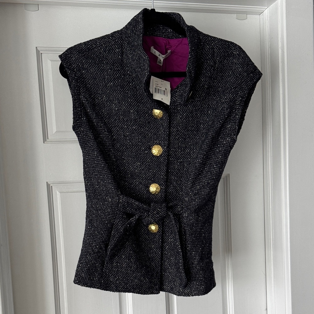 Cabi Sleeveless Tweed Vest with Gold Buttons - Black small